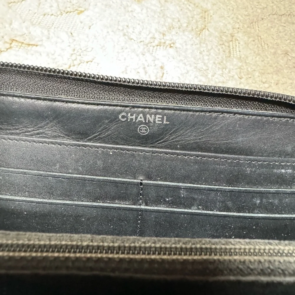 Authentic Chanel Camelia patent leather‎ zip around wallet long